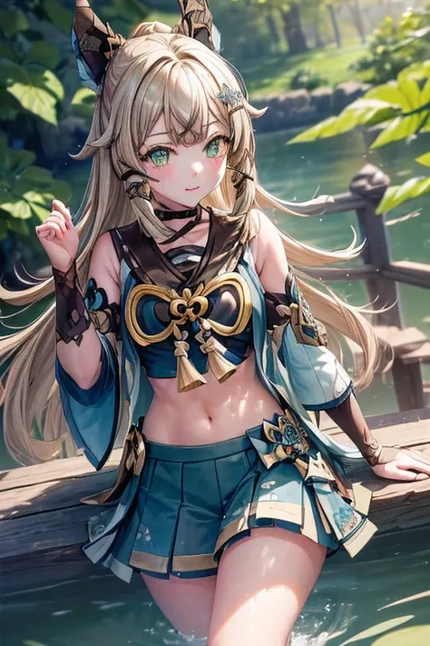 ((kiraradef)):1.5,((masterpiece,highest quality,Highly detailed images,Beautiful images))1.4(kirara images,Beautiful lake、Waist-deep in the lake、A fun pose、Bright natural light throughout、Backlight、A fantastic atmosphere、Dust flutters)1.3,(Kirara's ful...