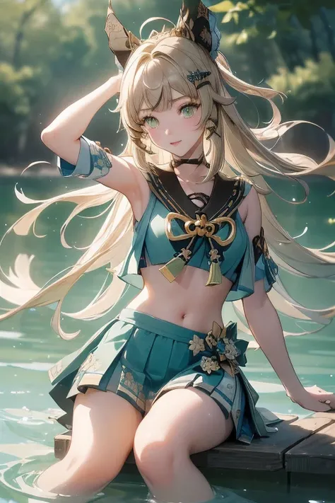 ((kiraradef)):1.5,((masterpiece,highest quality,Highly detailed images,Beautiful images))1.4(kirara images,Beautiful lake、Waist-deep in the lake、A fun pose、Bright natural light throughout、Backlight、A fantastic atmosphere、Dust flutters)1.3,(Kirara's ful...