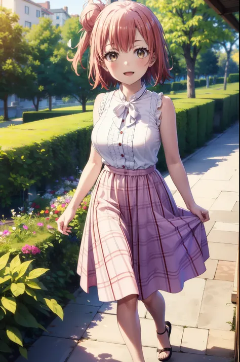 yuiyuigahama, yui yuigahama, short hair, (Brown eyes:1.5), (Pink Hair:1.2), Hair Bun, single Hair Bun, smile, (Big Breasts:1.2),happy smile, smile, Open your mouth,
, Sleeveless pink dress,Pink long skirt,Cute Sandals,walking,Real Summer,Daytime,sunny,whol...