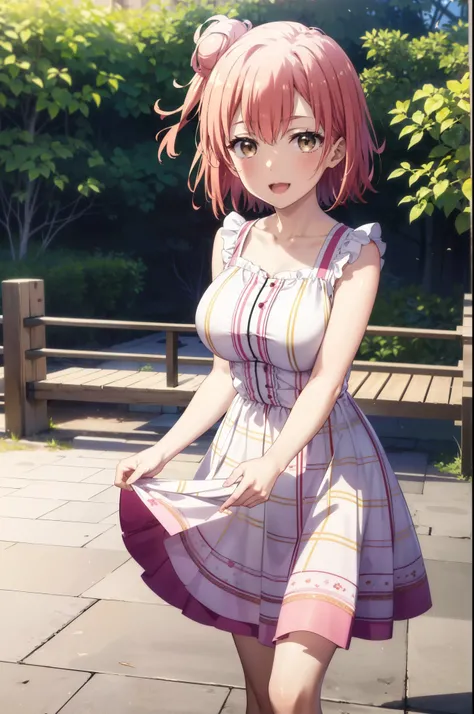 yuiyuigahama, yui yuigahama, short hair, (Brown eyes:1.5), (Pink Hair:1.2), Hair Bun, single Hair Bun, smile, (Big Breasts:1.2),happy smile, smile, Open your mouth,
, Sleeveless pink dress,Pink long skirt,Cute Sandals,walking,Real Summer,Daytime,sunny,whol...