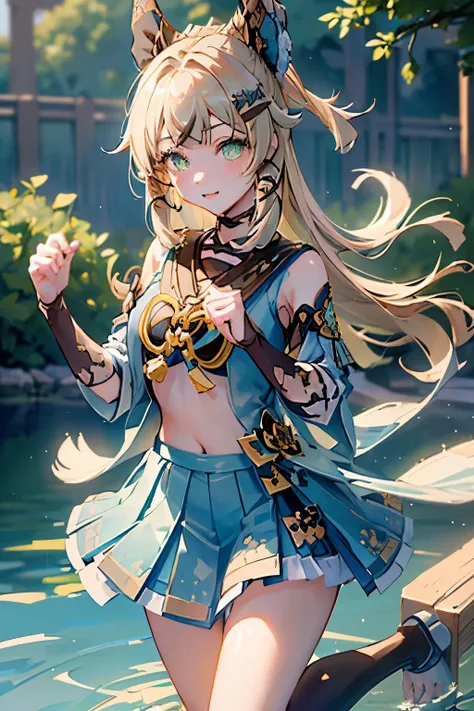 ((kiraradef)):1.5,((masterpiece,highest quality,Highly detailed images,Beautiful images))1.4(kirara images,Beautiful lake、Waist-deep in the lake、A fun pose、Bright natural light throughout、Backlight、A fantastic atmosphere、Dust flutters)1.3,(Kirara's ful...