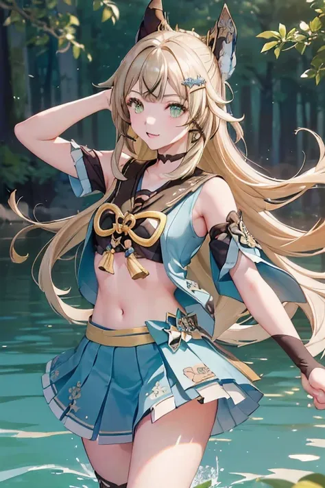 ((kiraradef)):1.5,((masterpiece,highest quality,Highly detailed images,Beautiful images))1.4(kirara images,Beautiful lake、Waist-deep in the lake、A fun pose、Bright natural light throughout、Backlight、A fantastic atmosphere、Dust flutters)1.3,(Kirara&#39;s ful...
