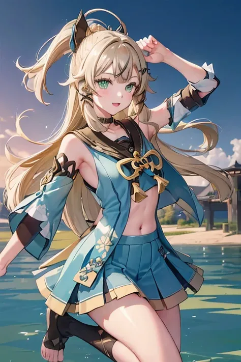 ((kiraradef)):1.5,((masterpiece,highest quality,Highly detailed images,Beautiful images))1.4(kirara images,Beautiful lake、Waist-deep in the lake、A fun pose、Bright natural light throughout、Backlight、A fantastic atmosphere、Dust flutters)1.3,(Kirara&#39;s ful...
