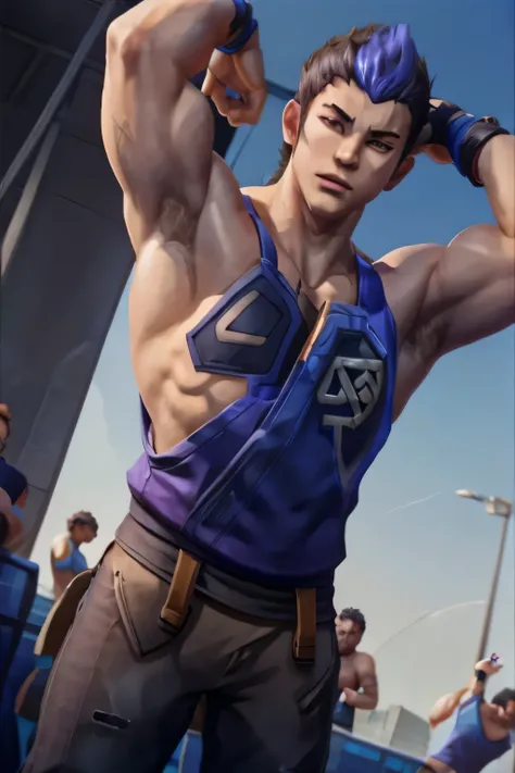 yoru valorant, tank top, both hands raised above head, armpit exposed, thick armpit hair, 