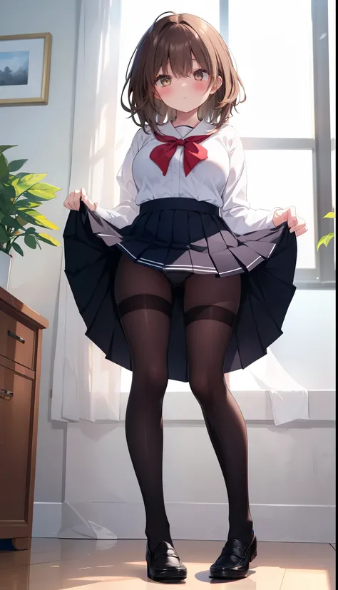 One Girl、Positive、Configuration from below、Full body portrait、Brown haired、Medium Haircut、blush、Absolute area、Knee socks、Knee-length、stockings、pantyhose、レースpantyhose、White underwear、No shoes、White pleated skirt、school uniform、Japanese high 、Summer clothes、...