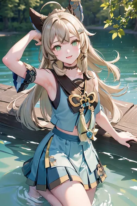 ((kiraradef)):1.5,((masterpiece,highest quality,Highly detailed images,Beautiful images))1.4(kirara images,Beautiful lake、Waist-deep in the lake、A fun pose、Bright natural light throughout、Backlight、A fantastic atmosphere、Dust flutters)1.3,(Kirara&#39;s ful...