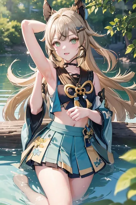 ((kiraradef)):1.5,((masterpiece,highest quality,Highly detailed images,Beautiful images))1.4(kirara images,Beautiful lake、Waist-deep in the lake、A fun pose、Bright natural light throughout、Backlight、A fantastic atmosphere、Dust flutters)1.3,(Kirara&#39;s ful...