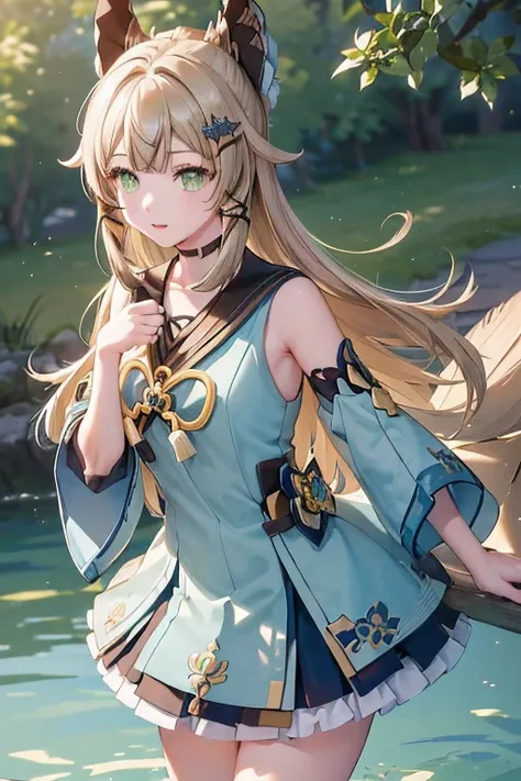((kiraradef)):1.5,((masterpiece,highest quality,Highly detailed images,Beautiful images))1.4(kirara images,Beautiful lake、Waist-deep in the lake、A fun pose、Bright natural light throughout、Backlight、A fantastic atmosphere、Dust flutters)1.3,(Kirara&#39;s ful...