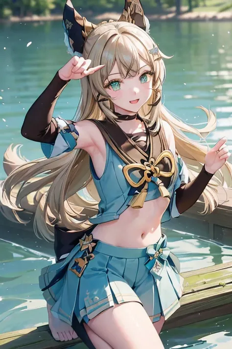 ((kiraradef)):1.5,((masterpiece,highest quality,Highly detailed images,Beautiful images))1.4(kirara images,Beautiful lake、Waist-deep in the lake、A fun pose、Bright natural light throughout、Backlight、A fantastic atmosphere、Dust flutters)1.3,(Kirara&#39;s ful...