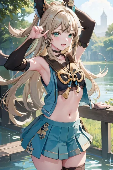 ((kiraradef)):1.5,((masterpiece,highest quality,Highly detailed images,Beautiful images))1.4(kirara images,Beautiful lake、Waist-deep in the lake、A fun pose、Bright natural light throughout、Backlight、A fantastic atmosphere、Dust flutters)1.3,(Kirara&#39;s ful...