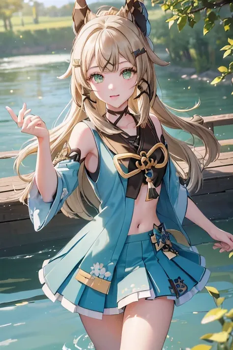((kiraradef)):1.5,((masterpiece,highest quality,Highly detailed images,Beautiful images))1.4(kirara images,Beautiful lake、Waist-deep in the lake、A fun pose、Bright natural light throughout、Backlight、A fantastic atmosphere、Dust flutters)1.3,(Kirara&#39;s ful...