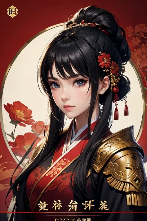 1 girl, woman, handsome, ink, Chinese armor, ((2.5D)), black hair, floating hair, delicate eyes, black and red antique damask Hanfu, fov, (f1.8), (masterpiece), (portrait shot), front shot, white background, (movie poster)