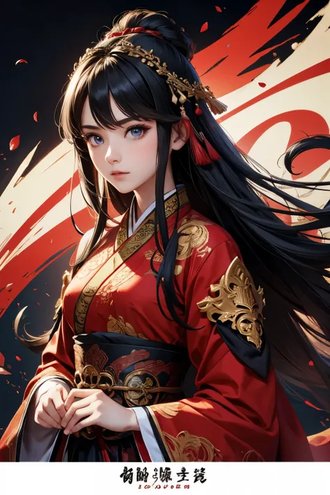 1 girl, woman, handsome, ink, chinese armor, ((2.5d)), black hair, floating hair, delicate eyes, black and red antique damask ha...