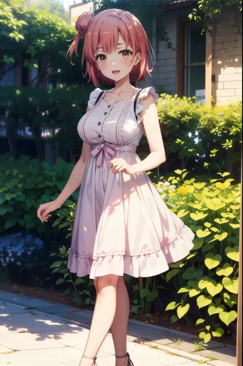 yuiyuigahama, yui yuigahama, short hair, (Brown eyes:1.5), (Pink Hair:1.2), Hair Bun, single Hair Bun, smile, (Big Breasts:1.2),happy smile, smile, Open your mouth,
, Sleeveless pink dress,Pink long skirt,Cute Sandals,walking,Real Summer,Daytime,sunny,whol...