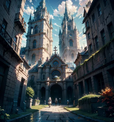 (8k) (High quality) rich in dark details, scene painting, large scenes, epic scenes, rich buildings in the background, large Baroque style churches in the foreground, multiplayer combat scenes, wide-angle, fantasy, and bright colors