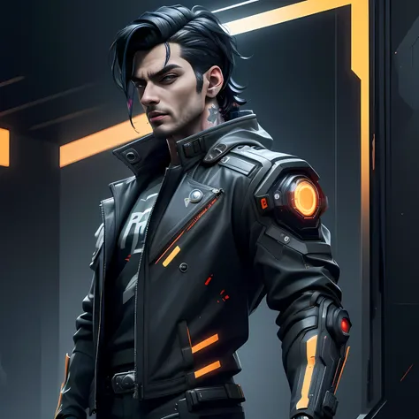 (best quality,4k,8k,highres,masterpiece:1.2), cyberpunk, handsome man, cyborg, cyberpunk black hair, bright eyes, black jacket, ...