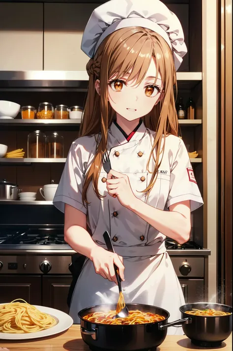 is ayuki of the sun, sun and yuki, long hair, brown hair, (brown eyes:1.8),medium chest,happy smile, smile, open your mouth,chef...