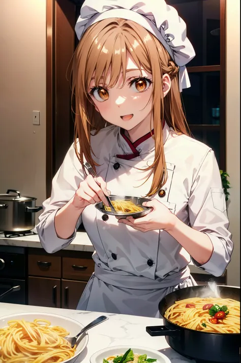 is Ayuki of the Sun, Sun and Yuki, Long Hair, Brown Hair, (Brown eyes:1.8),Medium Chest,happy smile, smile, Open your mouth,chef uniform, chef hat, chef, Zend 4y4, cooking, pot, fire, Pasta Stove, フレームから足が外れている
break indoors, kitchen,
break looking at view...