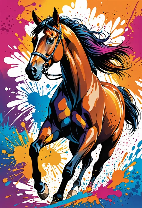 Vector Art, Horse color illustration with black, In the center, Vibrant colors, Paint splatters and stains, High Detail,Hawaiian style background
