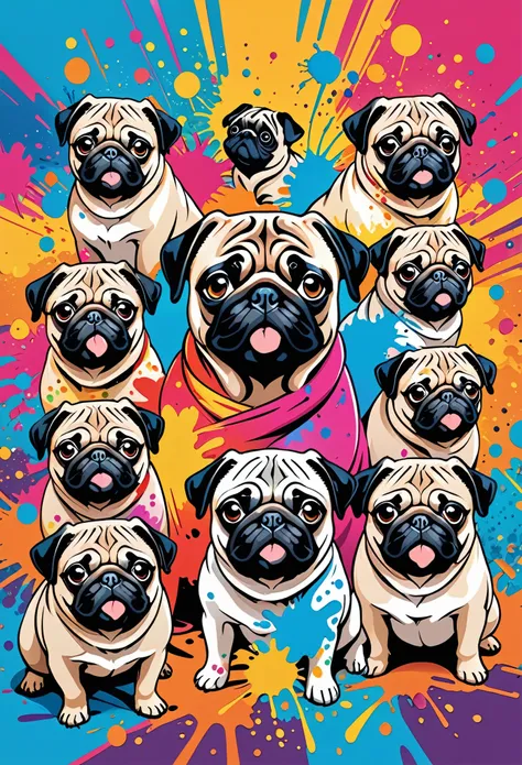 Vector Art, Colorful illustration with lots of pugs, In the center, Vibrant colors, Paint splatters and stains, High Detail,Hawaiian style background
