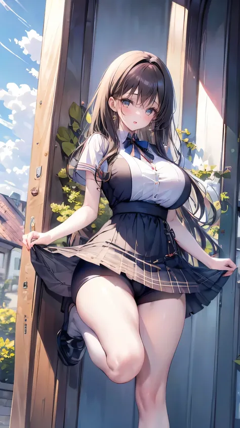 （Very delicate and beautiful：1.2）super model,,Big Breasts,Beautiful breasts,voluptuous,【bike shorts】,,【3girls】,,highest quality, High resolution, 8K,, Large Breasts,, Vivid details, ,Idol Group,mini skirt,Girl kicking,blush,Sweet smile