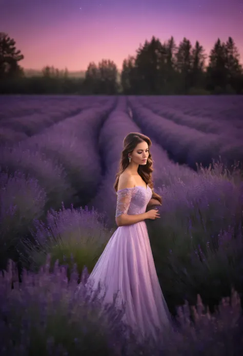 A mesmerizing photo of an Aurora Nightingale in a lavender field, Her delicate features were illuminated by the soft light., Purple hues of dusk, Evokes a sense of tranquility and tranquility. Ultra-realistic, Very detailed