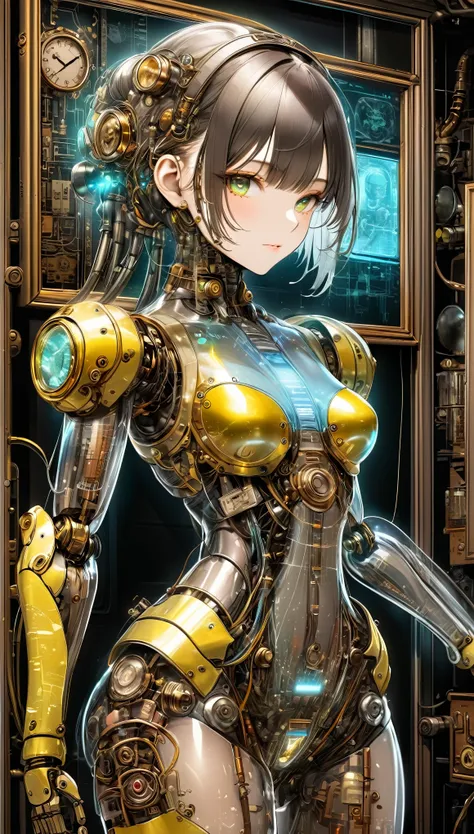 best quality, super fine, 16k, incredibly absurdres, extremely detailed, delicate and dynamic, beautiful female android mecha robot, transparent translucent anatomy of android mecha robot, iridescent neon colors wiring diagram and LED all over the face and...