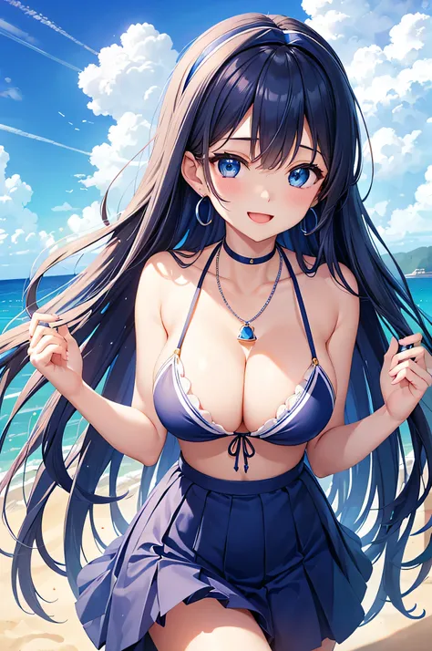 highest quality、Best image quality、masterpiece、beautiful girl、Navy blue long hair、blue eyes、Navy Blue Bikini、Big cleavage、(Big Breasts)、smile、blue necklace、Blue Earrings、background(Beach)、Sexy pose、Please open your mouth wide、Navy Blue Skirt、white headband...