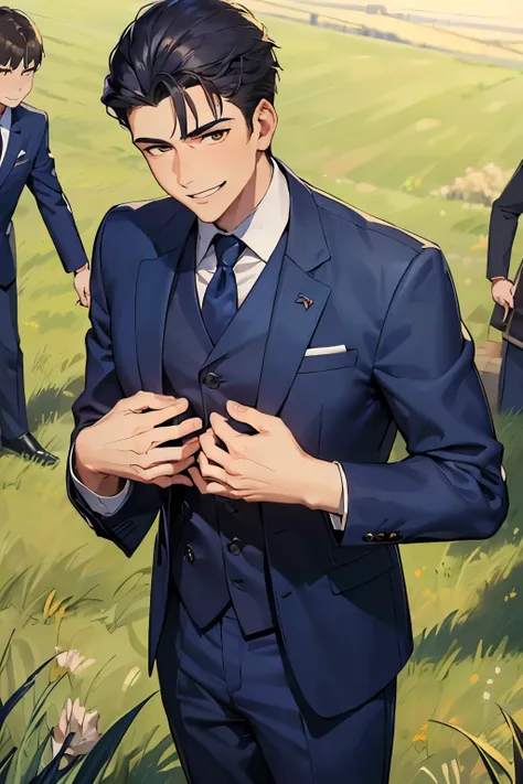 ((best quality)), ((masterpiece)), ((detailed)), (((perfect face))), (((16yo boys in navy blue suit))), (((standing)))) (((smirking))), ((((both hands on chest)))), (((grass field)))