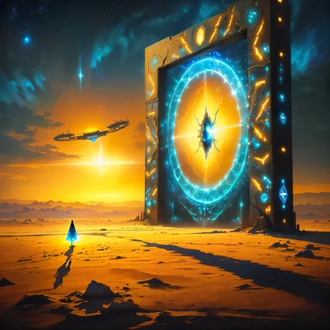 An artistic painting inspired by the Starket series, of a star gate. A woman is trying to cross a place that does not resemble Earth. The woman is raised in the sky. Lack of gravity. The gate is decorated with luminous talismans and a strange language in b...