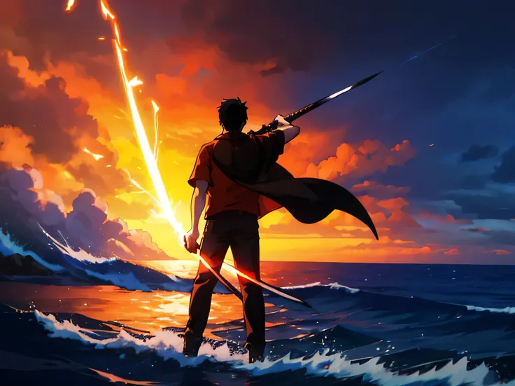 Boy with black hair holding one broadsword with orange shirt. Back view standing on the ocean storm blue lightning