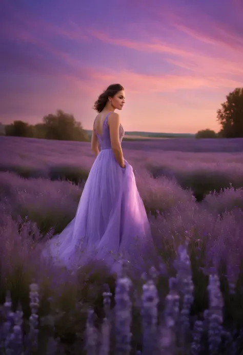 A mesmerizing photo of an Aurora Nightingale in a lavender field, Her delicate features were illuminated by the soft light., Purple hues of dusk, Evokes a sense of tranquility and tranquility. Ultra-realistic, Very detailed