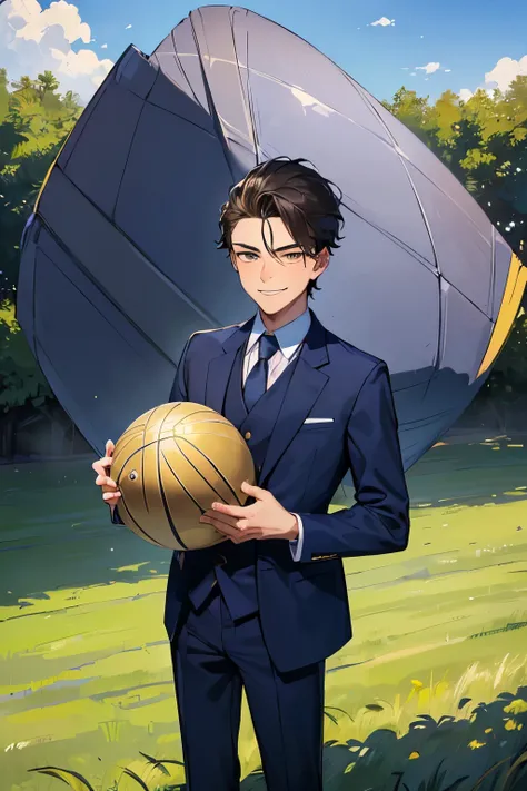 ((best quality)), ((masterpiece)), ((detailed)), (((perfect face))), (((16yo boy in navy blue suit))), (((standing)))) (((smirking))), ((((holding giant ball against chest)))) (((grass field)))