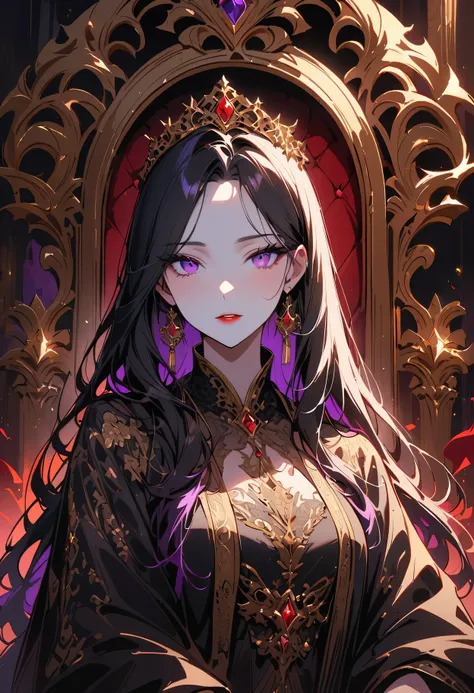 Gorgeous women，Crazy purple eyes，Red lipstick，Pure white skin，Black long hair，Gold silk embroidered robe，Dragon Throne，Court background，Luxurious decoration，obsessed，Innocent，Exquisite details，Dramatic lighting，Imperial Color。