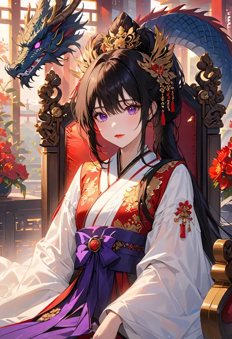 yandere girl,crazy purple eyes,red lipstick,pure white skin,long black hair,golden silk embroidered robe,dragon throne,palace background,luxurious decor,obsession,innocence,exquisite details,dramatic lighting,regal colors