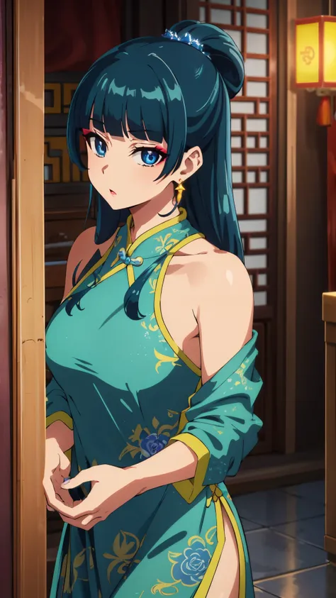 Top quality (8k, high resolution, masterpiece: 1.2), super detailed, anime art style, dynamic angle, teen style, (Chinese dress, exposed shoulders, makeup, earrings,, indoor,), detailed green hair, detailed blue eyes, intricate hairstyle, long hair , slim ...