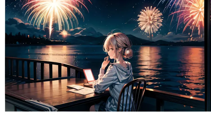 girl anime-style, night lake outside the room, fireworks bursting, a cute feminine room with a girl sitting at a desk, listening to music, and looking out of the window.