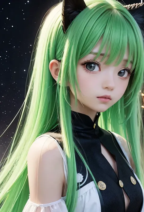 This image is、It depicts realistic anime-style characters designed with a vibrant color palette。The character is a young woman with big eyes and long hair.、Her hair is very distinctive、green、green、yellow、The neon colors such as pink are in a gradation.、Spa...