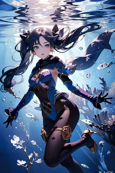 Underwater world:1.6((monadef)):1.5,((masterpiece,highest quality,Highly detailed images,Beautiful images))1.4(mona images,Fantastic background、Sexy pose、Overall low illumination、Backlight、A fantastic atmosphere、Dust flutters)1.3,(Mona&#39;s full body imag...