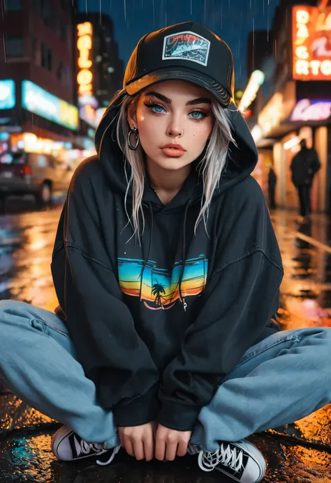 create a blank faded black washed hoodie, retro baggy, 90s, with a trucker hat on, beautiful female thin face, piercings on face...