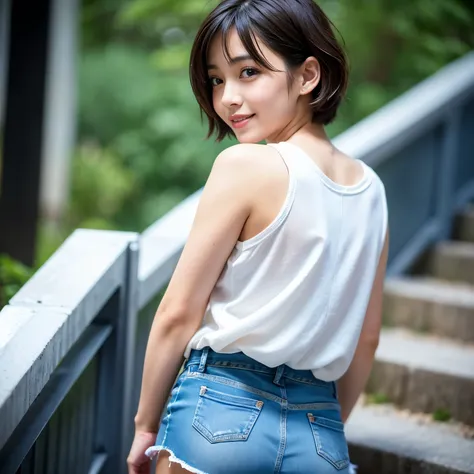 back view, Best-quality, Masterpiece, Ultra-High-Resolution, (Photorealistic:1.4), Raw Photo, depth of field, professional lighting, perfect anatomy, extremely details, 1girl, Japanese idol, wearing white camisole and denim short shorts, at stairs, (upturn...