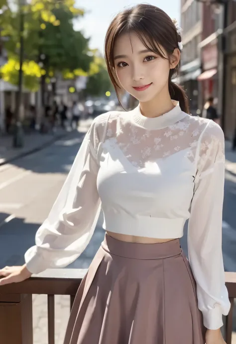 masterpiece, best quality:1.1), (8k, raw photo, photo realistic:1.2, f22), (shiny skin), detailed skin,ponytail,detailed face, detailed eyes,smile,BREAK, real world, intricate details, smil, BREAK, 1girl, full body,(pink,flare skirt)BREAK, (Town:1.4)