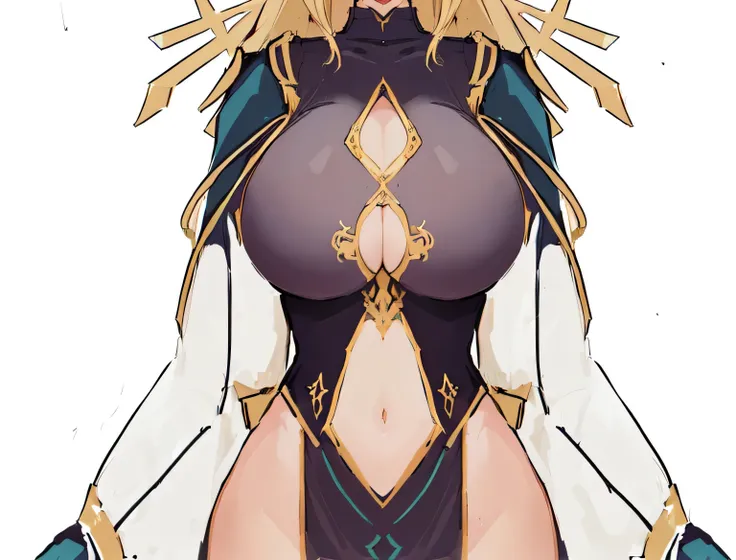 a cartoon image of a woman with a very big breast, ornate bikini armor, holy cyborg necromancer girl, full body details, detailed body, full body detailed, anime goddess, extra detailed body, holy armor, detailed full body, intricate body, pretty female cl...