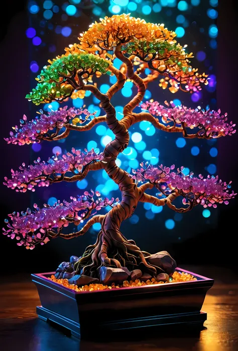 Holographic art,
HD Textures,
photography,
Detailed reflection,
Colorful crystal bodhi tree bonsai dynamic color ambient light,best quality,High Detail, Ultra HD，The finest details