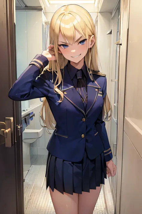 ((best quality)), ((masterpiece)), ((detailed)), (((perfect face))), (((18yo blonde girl in navy blue suit, pleated skirt))), (((standing)))) (((evil smirk))), ((((fancy school bathroom))))