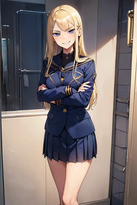 ((best quality)), ((masterpiece)), ((detailed)), (((perfect face))), (((18yo blonde girl in navy blue suit, pleated skirt))), (((standing)))) (((evil smirk))), ((((fancy school bathroom))))