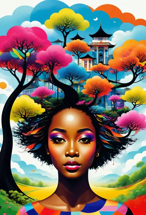 (masterpiece, best quality:1.2),art illustration，black girl portrait，often neck，hair by clouds，Baiyun，The composition，stitching，dislocation，trees， multi coloured,  , Contrasting colors, in the spring landscape, Abstract surreal colors,rich and colorful, po...