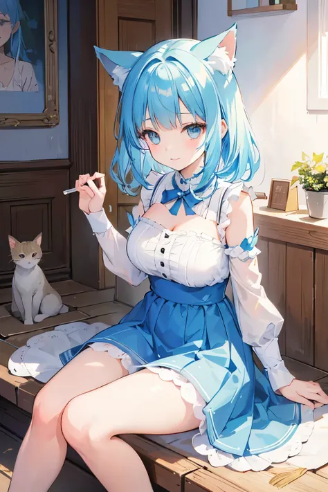 A charming girl character with light blue hair and playful cat ears, her face radiating a contagious laugh. The scene unfolds with a colorful background filled with vibrant hues, bringing out the intricacies of her laughter and the details of her hair. A g...