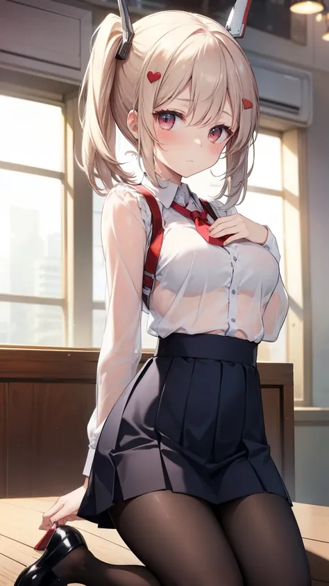 Azur Lane Ayanami、table top、High resolution、2 people、2 people girl、twins、2 cute girls、big and full breasts、naughty body、underwear only、See-through、pink lingerie、throw、kneel down、kneel down、Look up at me、confused face、blush、black pantyhos、navy check skirt、m...