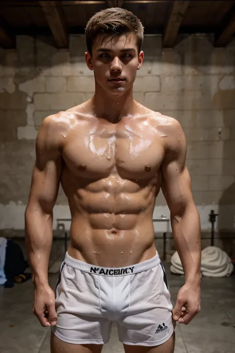 a skinny but muscular 19-year old caucasian boy wearing a white boxers, short brown hair, youthful face, drenched in sweat, sweating profusely, in the dungeon